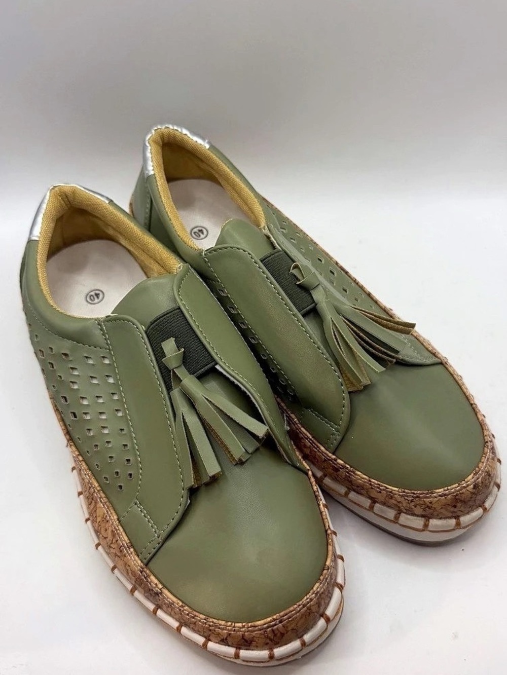 Perforated Tassel Slip-On Platform Sneakers - Olive Green, Size 40 (US 9) - Like